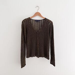 Vintage Hillard & Hansen Open Crochet Knit Cardigan Y2K Button Front V-Neck - L